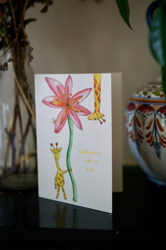 Welcome little one - giraffe flower card