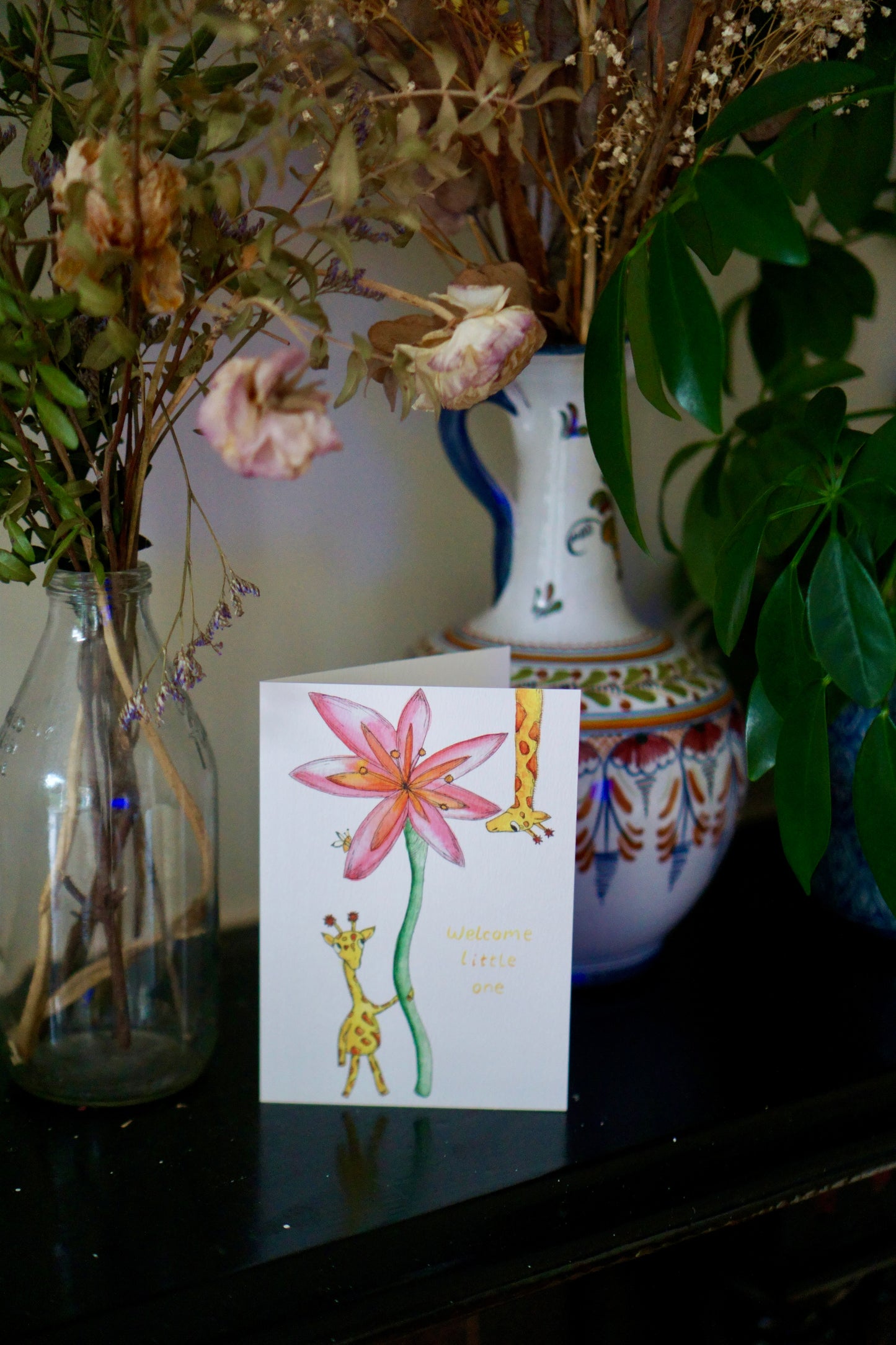 Welcome little one - giraffe flower card