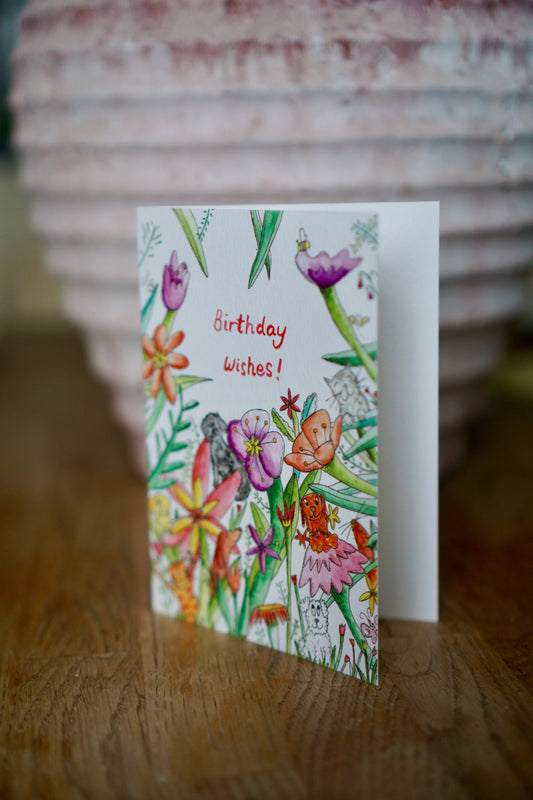 Happy birthday card - dogs in the flowers