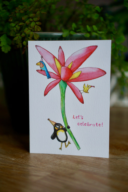 Let's celebrate - penguin birthday card