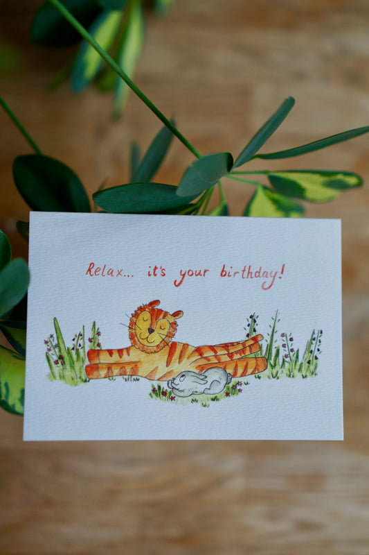 Relax it's your birthday - tiger, bunny yoga card