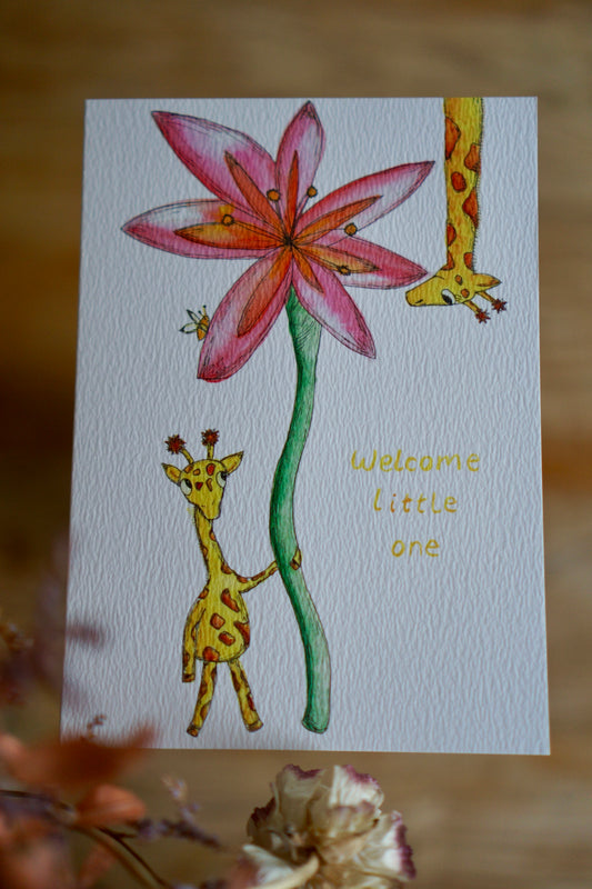 Welcome little one - giraffe flower card