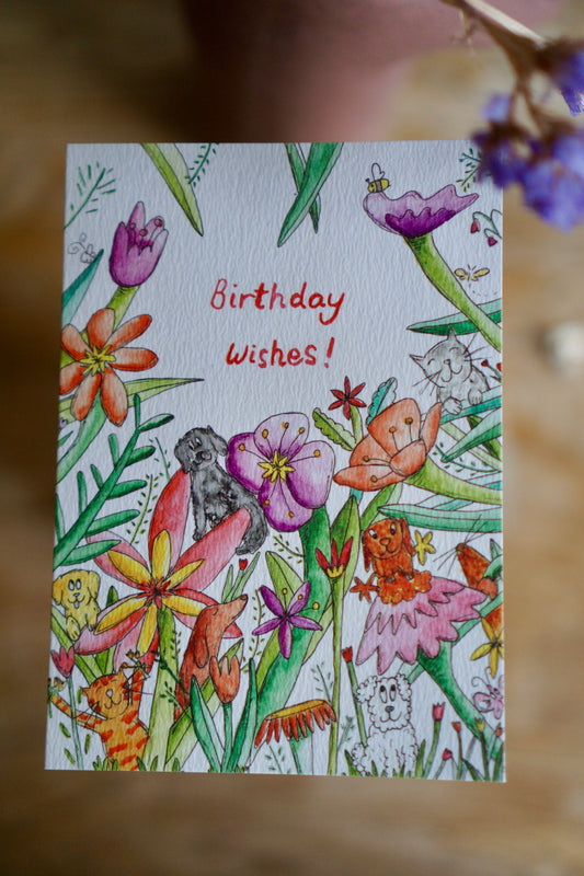 Happy birthday card - dogs in the flowers