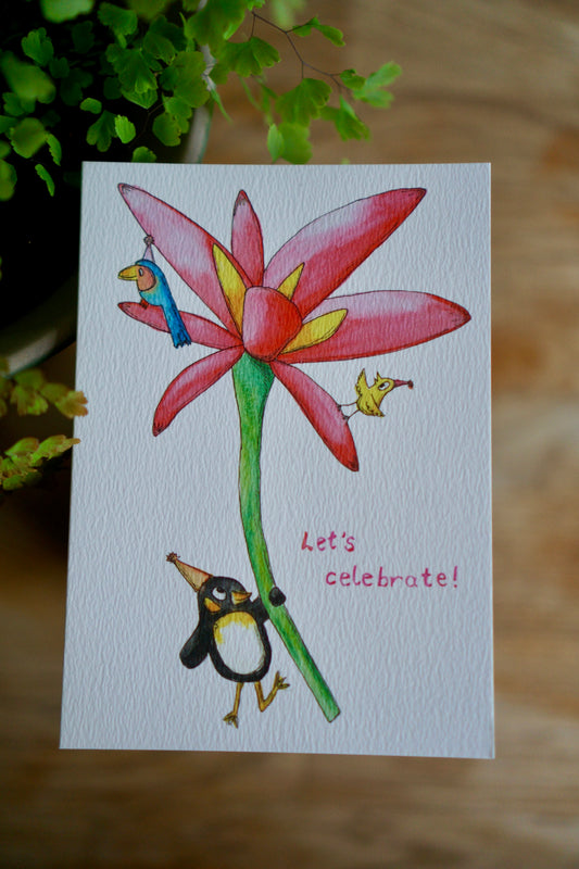 Let's celebrate - penguin birthday card